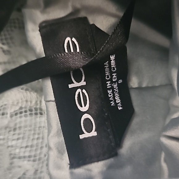 BEBE Metallic Teal Shadow Stripe Neck Halter Dress Crochet Lace Raceback NWT - Picture 9 of 9